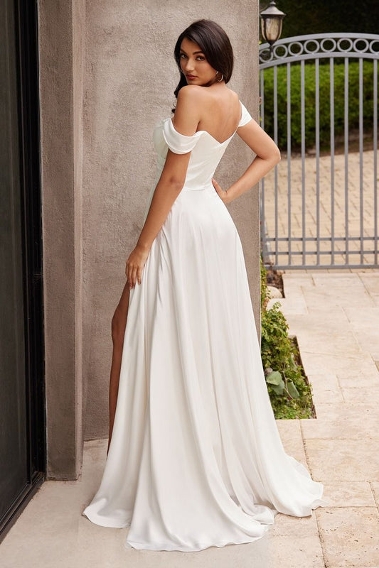 Off-shoulder wedding dress with slit