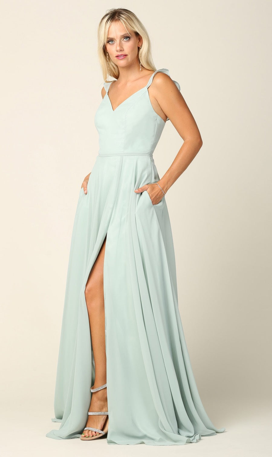 Sage colored party dress with slit and pockets