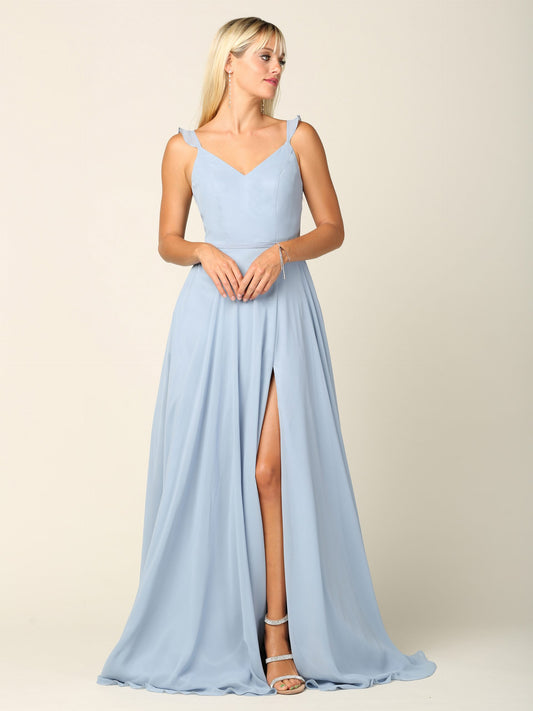 Light blue party dress with slit and pockets