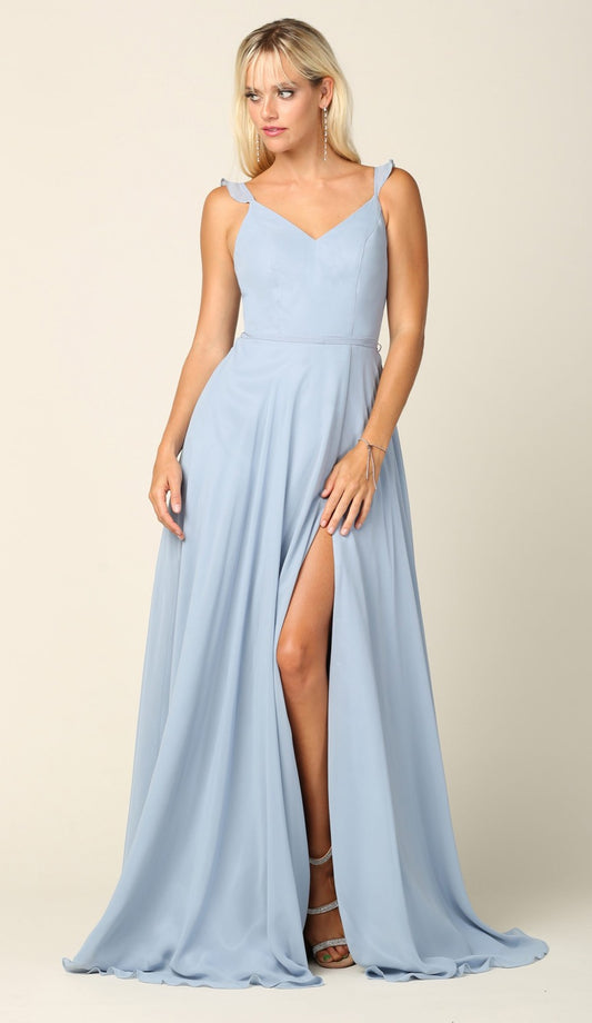 Light blue party dress with slit and pockets