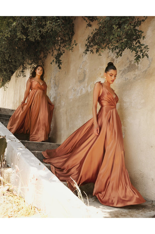 Mocha colored satin dress with slit