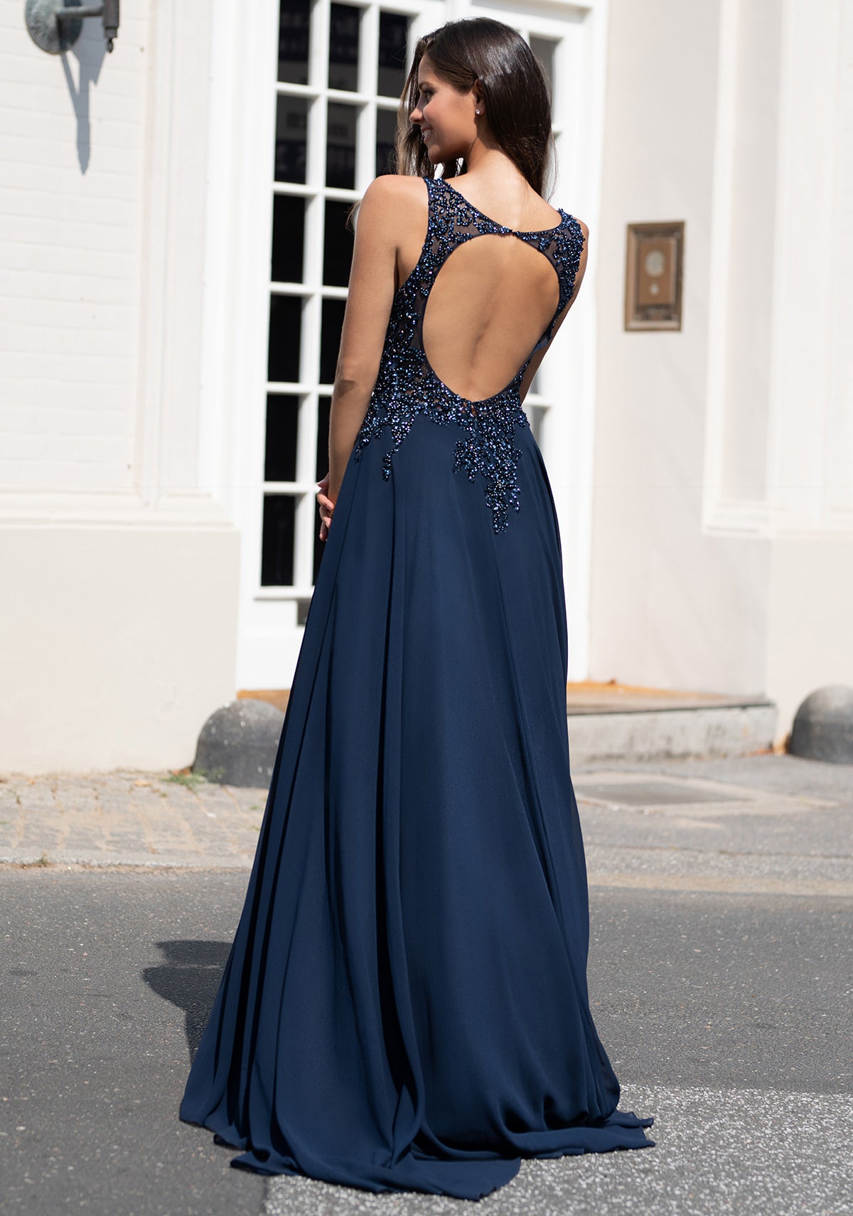 Navy Christian Koehlert prom dress with open back 0036