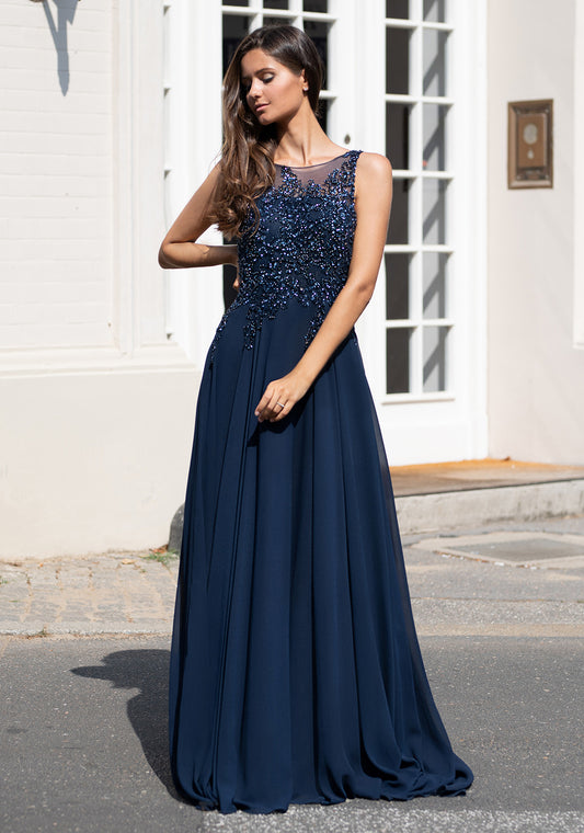 Navy Christian Koehlert prom dress with open back 0036