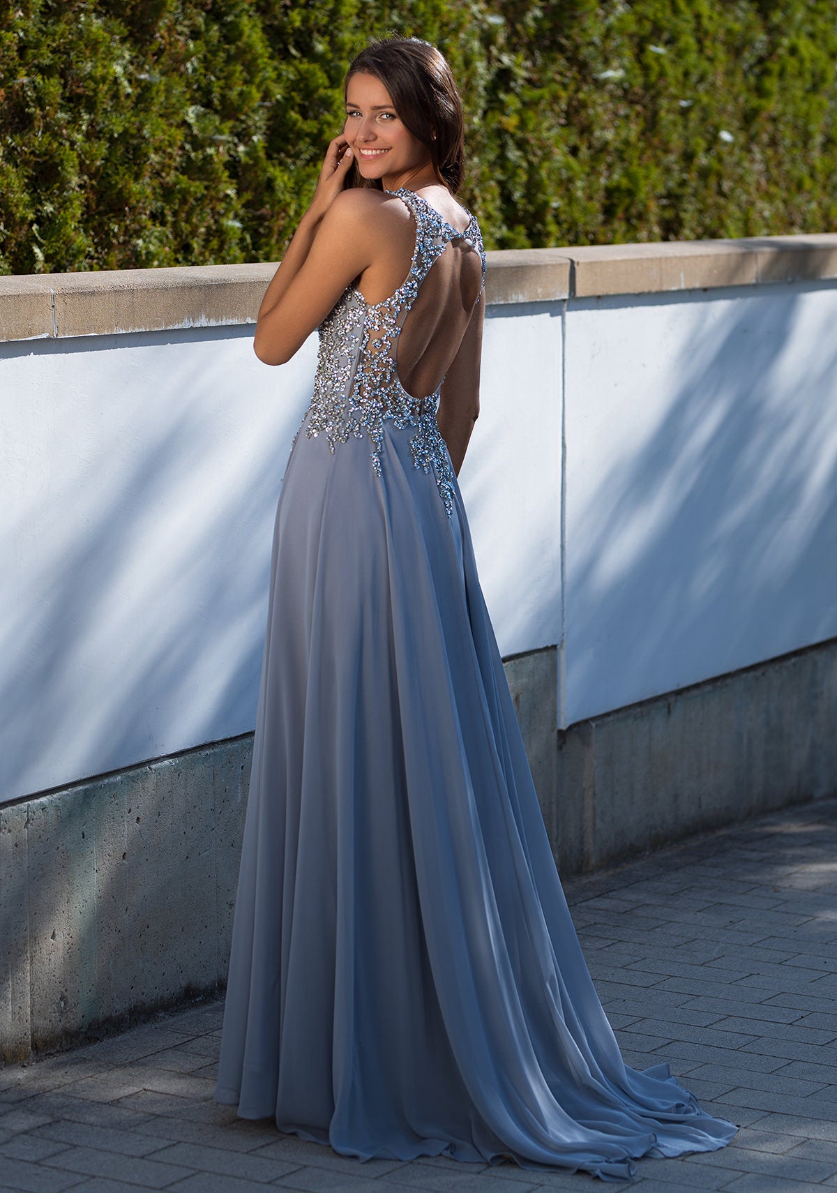 Light gray Christian Koehlert prom dress with open back 0036