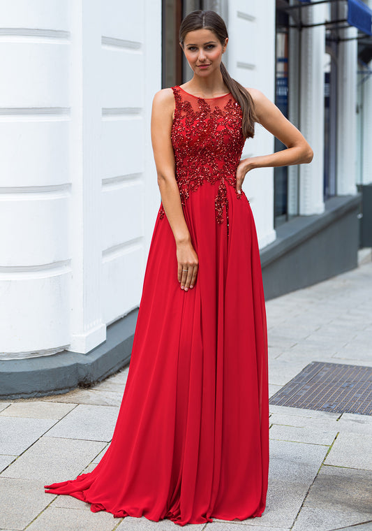 Red Christian Koehlert prom dress with open back 0036