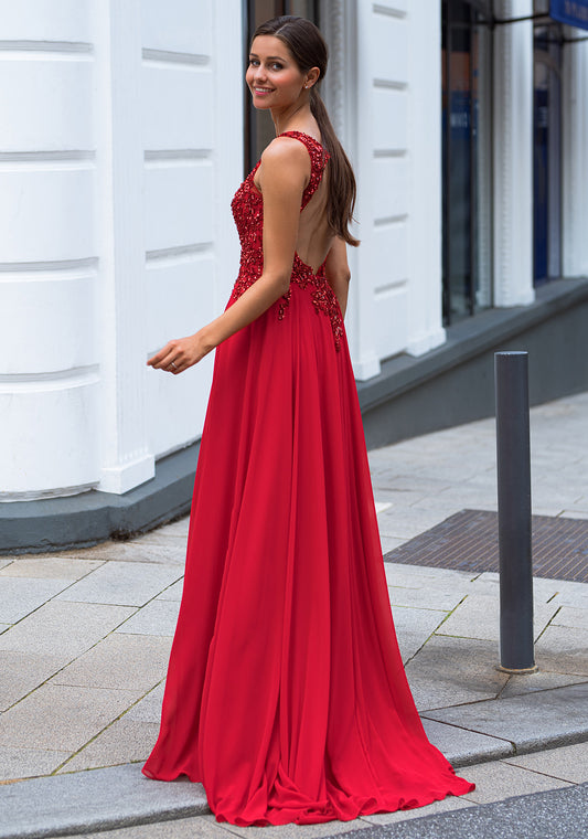 Red Christian Koehlert prom dress with open back 0036